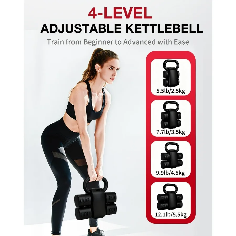 Adjustable Kettlebell Set with Wrist Straps, 4-in-1 Free Weight Adjustable Dumbbells Set for Women 9 Weights from 0.55LB to 12.1