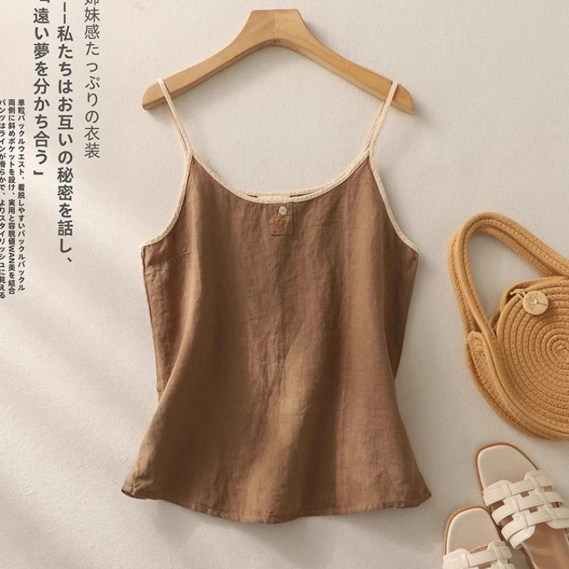 Retro Cotton Linen Tank Top Women Summer New Loose Sleeveless Spaghetti Strap T-shirt Solid Casual Vest Embroidered Top Women