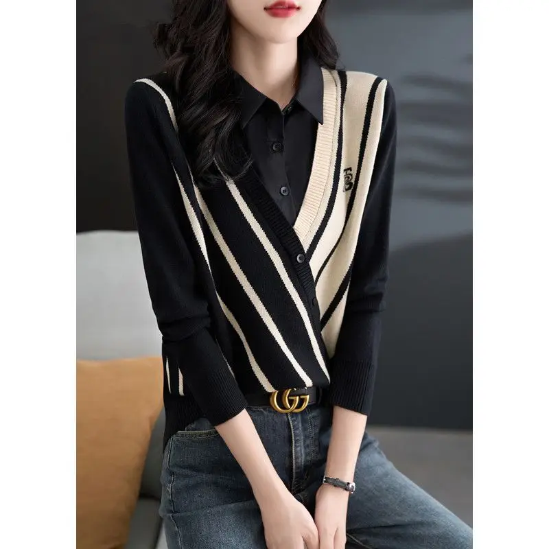 

Autumn Winter New Fake Two-Piece Knitted Sweaters Women 2023 Graceful Fashionable Classic Striped Design 3D Stitching Shirt