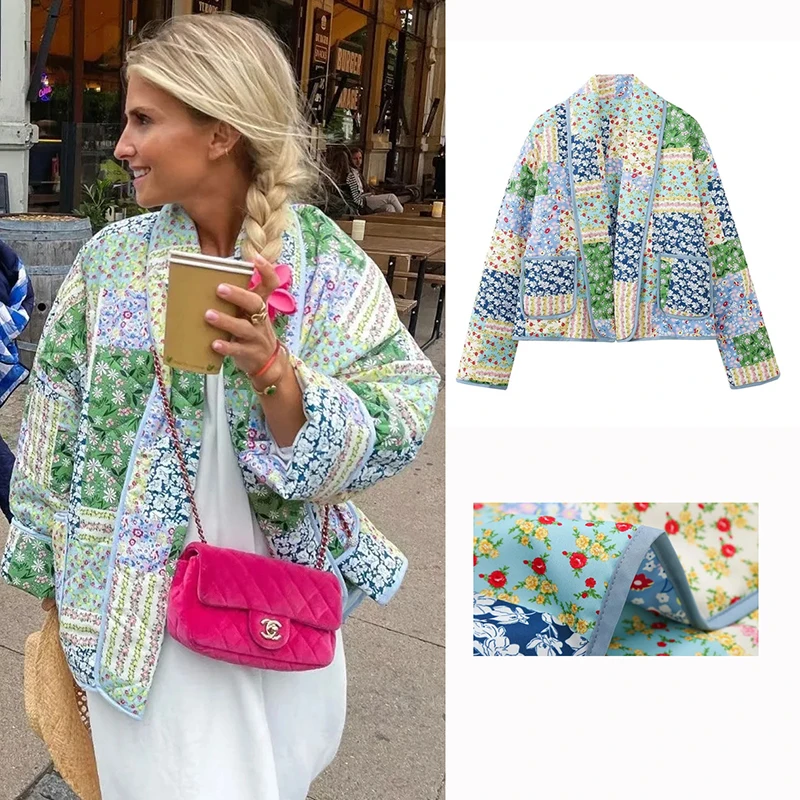 

Sweet Floral Printed Women's Cotton Coat Lapel Long Sleeve Pockets Outwear Jackets Ladies Warm Streetwear Coats Female Winter