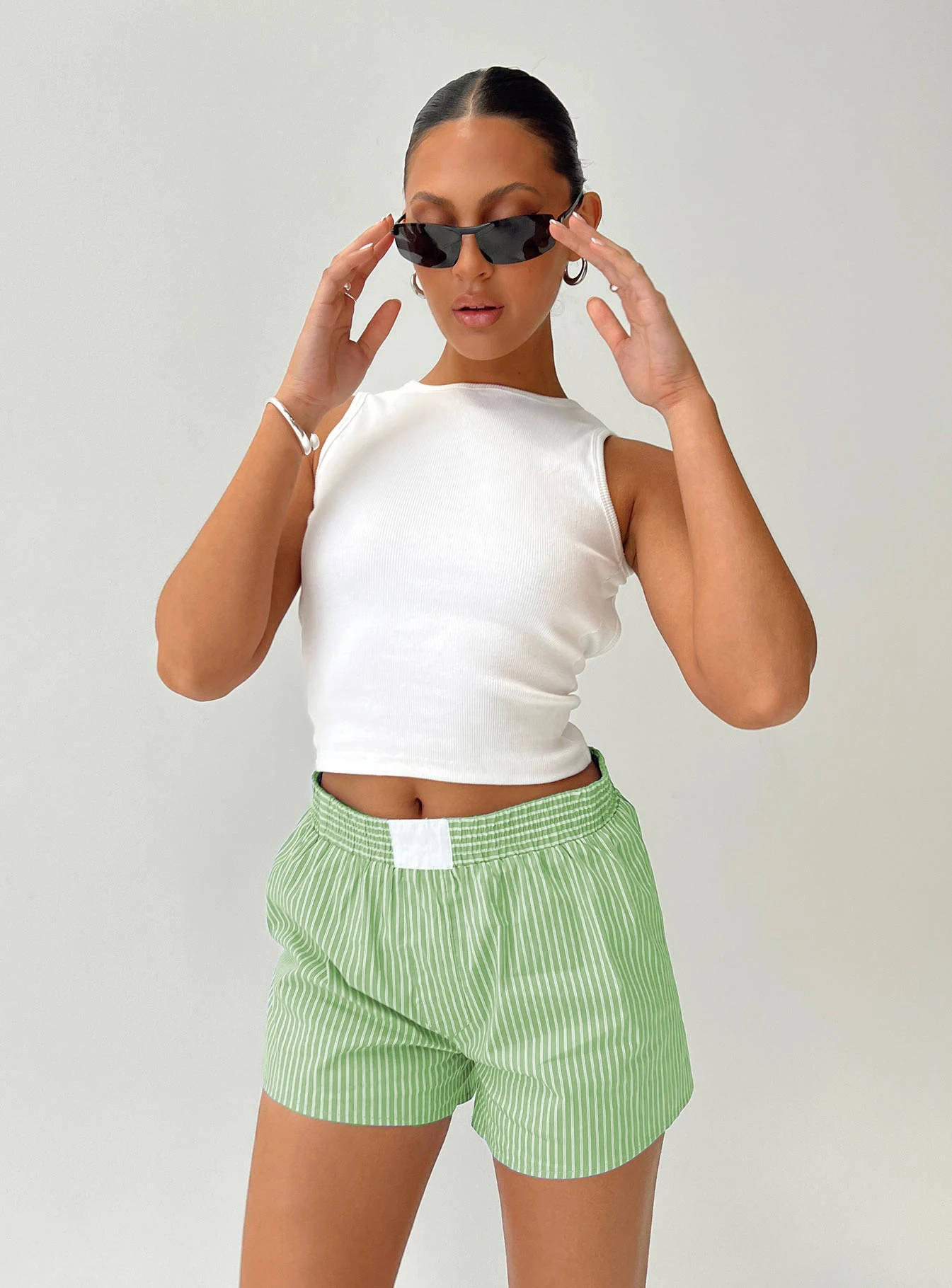 Women Summer Casual Pajama Shorts Kawaii Striped Boyshorts Elastic Loose Fit Button Lounge Bottoms Pj Y2K Home Suit_ecoleips.com