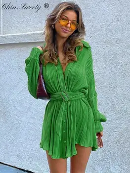 Sexy Green Pleated Women's Mini Dress Skinny Puff Sleeve Lace Up Pleated Hem Dress Female 2022 Summer Lady Party Club Vestidos 1