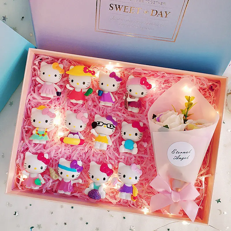 

new Anime Hello Kitty Mini Kawaii Model Birthday Gift Box Set With Lighting Holiday Cards Gift Girl Birthday Gift Model Toy