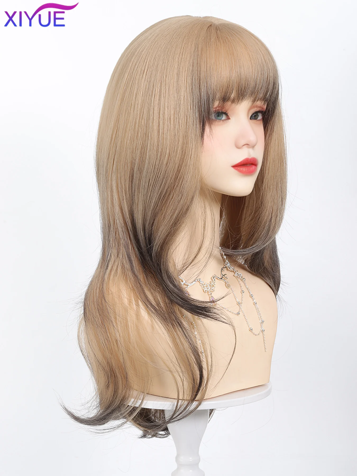 Platinum Blonde Ombre Long Synthetic Wigs with Bangs Straight Layered Cosplay Party Wigs for Women Natural Hair Heat Resistant