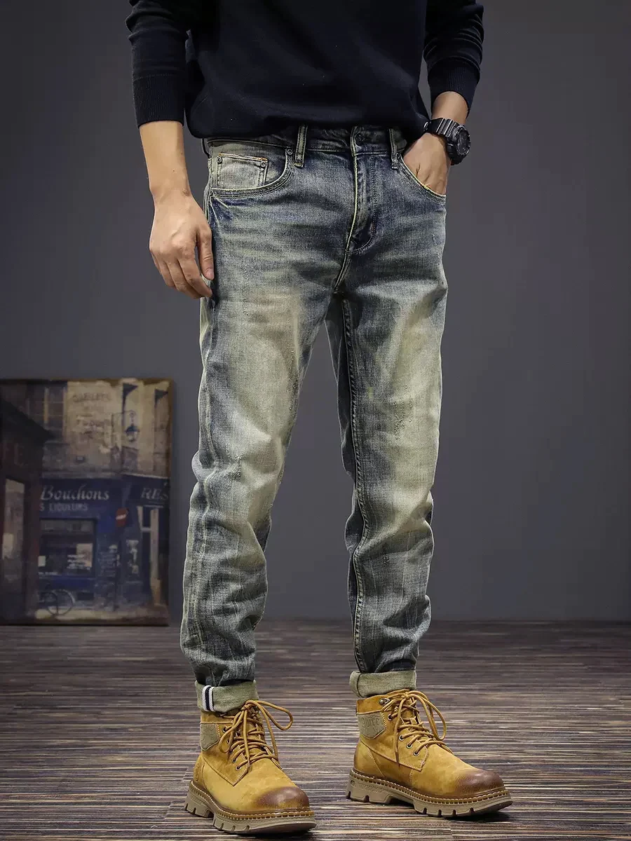 Newly Fashion Designer Men Jeans Retro Blue Elastic Stretch Slim Fit Ripped Jeans Men Trousers Vintage Casual Denim Pants Hombre