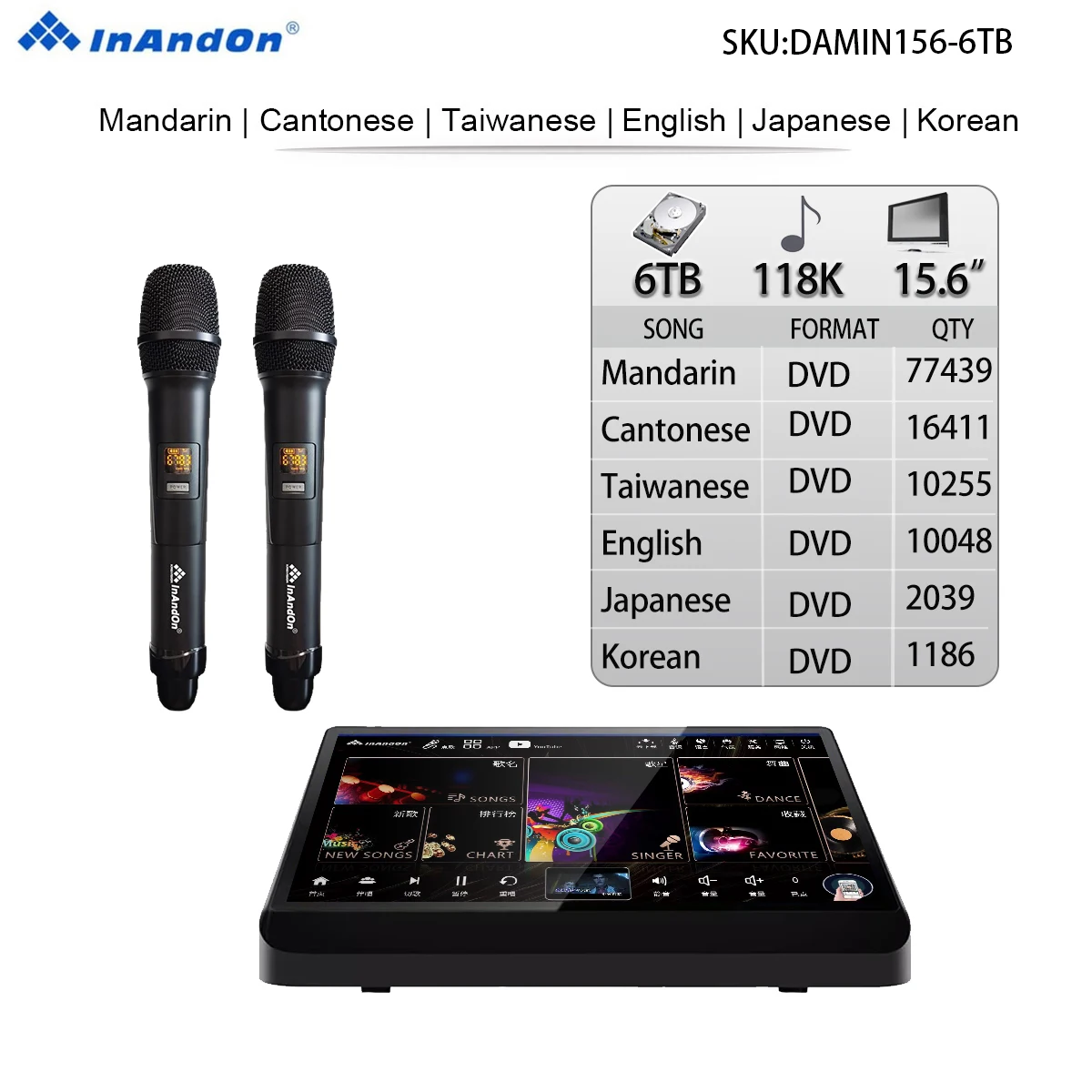 6TB 15.6" InAndon Karaoke Player, Mixing amplifier 5 in 1