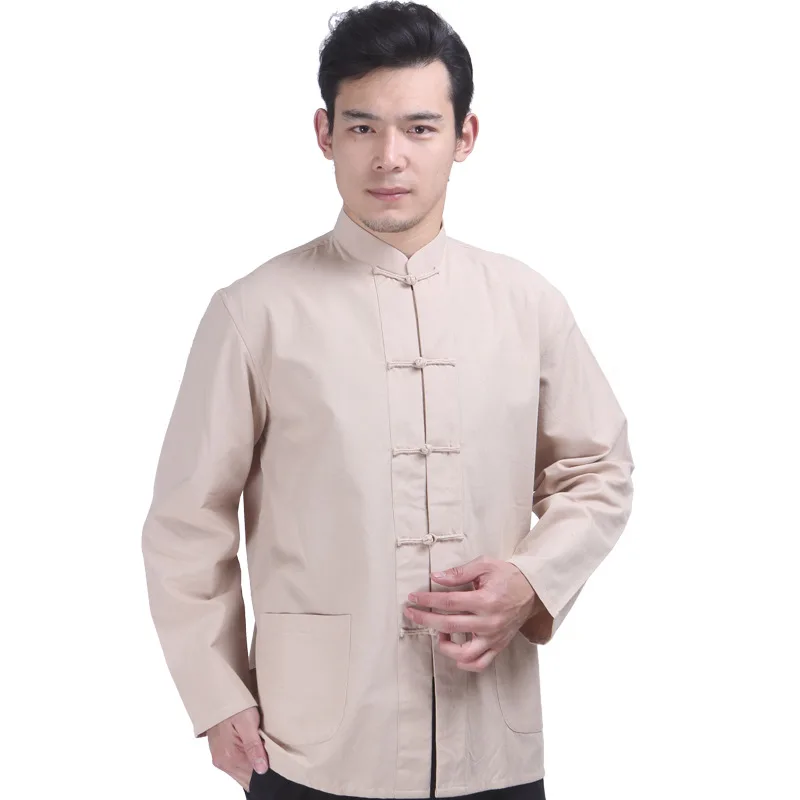 Vintage Hanfu Jacket Coat Men Long Sleeve Hand Button Cheongsam Kong Fu Clothes Zen Tops Chinese Stand Collar Tang Cloth