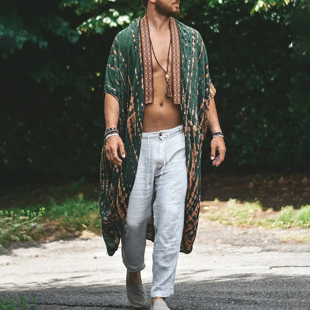 2024 Summer New Casual Retro Men\'s Irregular Sunscreen Clothes Beach Printed Shirt Vacation Loose Fashion Mid-length Cape Coat