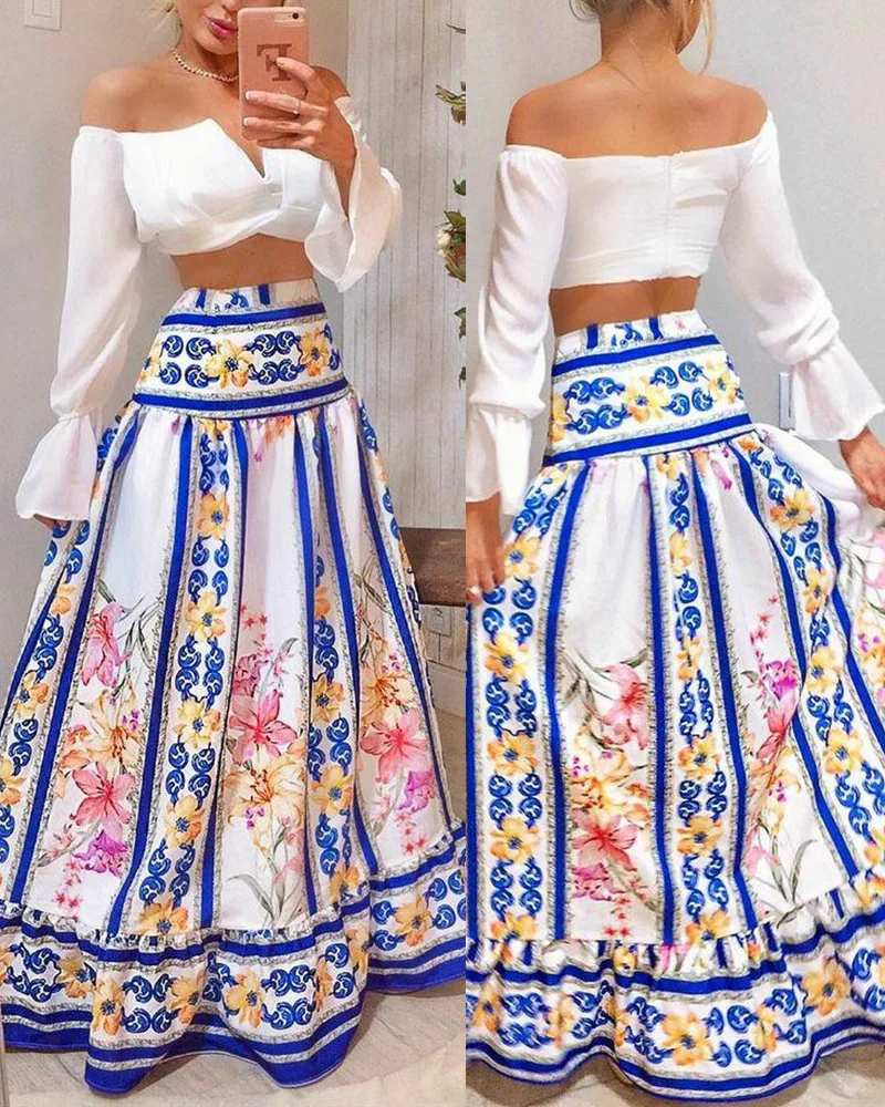 

2023 New Women's Elegant Two-piece Suit, V-neck Short Flared Sleeve Top + Printed Large Swing Half Skirt Set