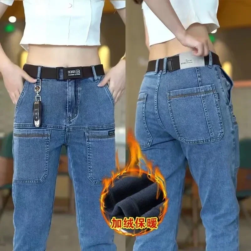 Winter New Men's Fleece Slim Jeans Stretch Skinny Multi Pocket Fashion Designer Denim Trousers Male Brand Clothes Streetwear