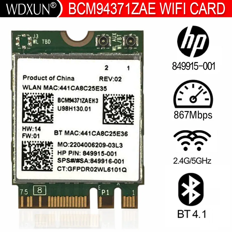 Broadcom Muslimb Bcm4371 802.11 Ac Ngff M.2 867Mbps Wifi Bluetooth 4.1 Combo Sps 849915-001 Scheda Di Rete Wireless Wifi
