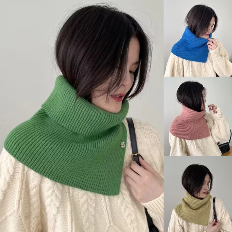 

Ribbed Knit Turtleneck Dickey Faux Collar with Button Solid Color Windproof Scarf Wrap Asymmetrical Neck Guard for Women