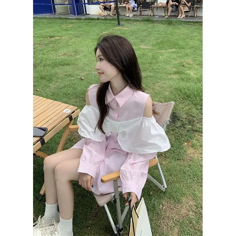 Korea Pink Striped Shirts Women Korean Style Sweet Girls Off Shoulder Design Single Breasted Students Spring Long Sleeve Loose