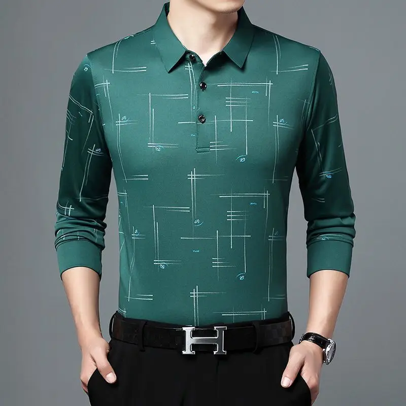 Men's Clothing Spring Polo Collar Print Slim Fit Long Sleeve Pullover Shirt Autumn Thin Business Casual Commuter Versatile Top