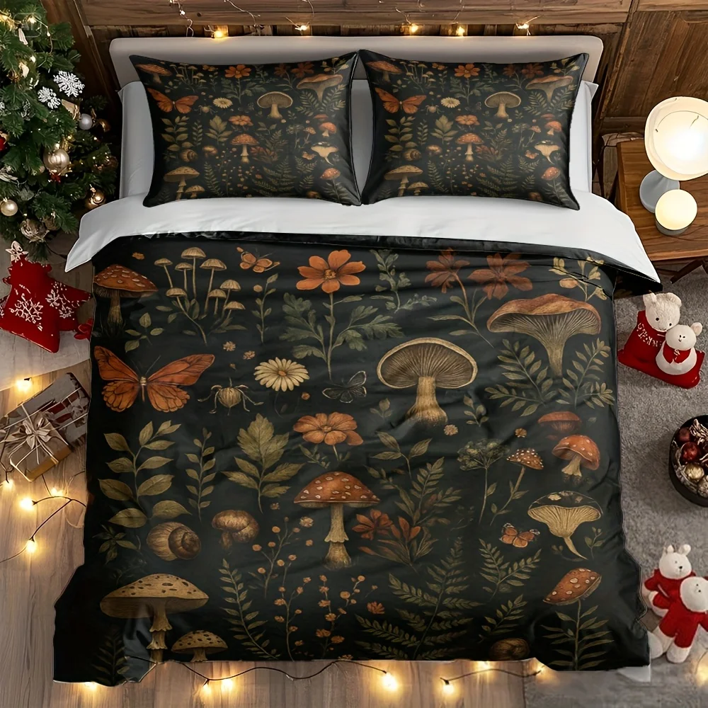 3Pcs Autumn Forest Plants Fungus Print Duvet Cover Set, Soft Comfortable Machine Washable Bedding with Pillowcases, All Season