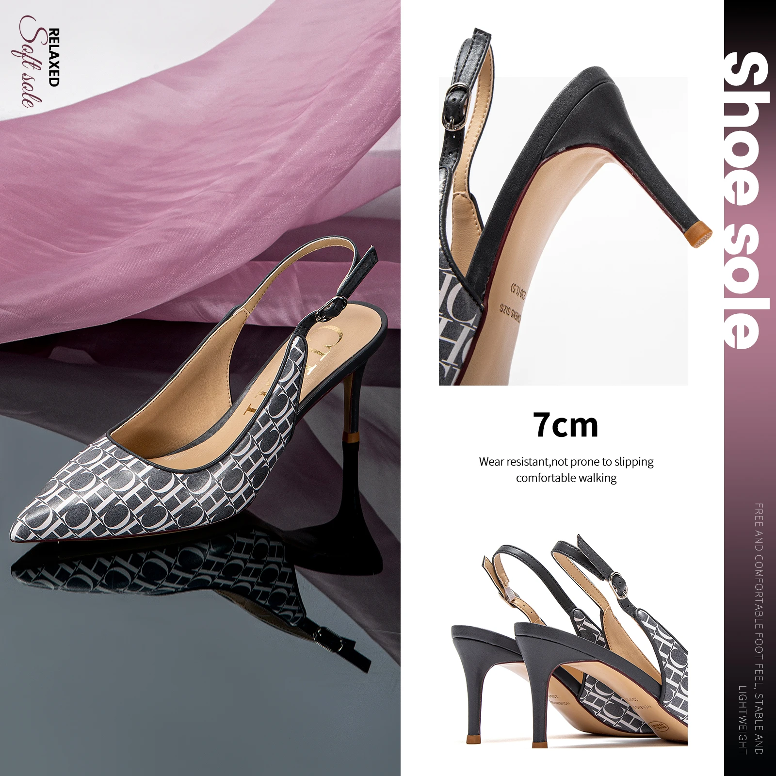 French Women's High Heels Shallow Slim Letter Cowboy Printed Design Classic Fashion Slip On High Heels 4