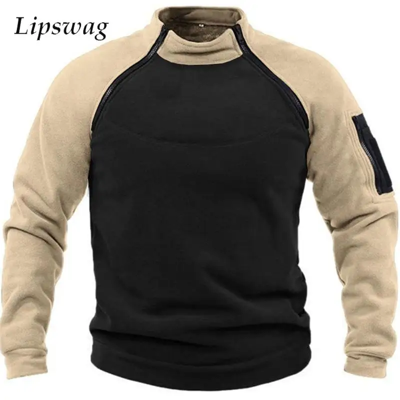 

Casual Patchwork Fleece Sweatshirt Men Autumn Long Sleeve Stand Collar Hoodie Mens Fashion Contrast Color Zipper Loose Pullovers