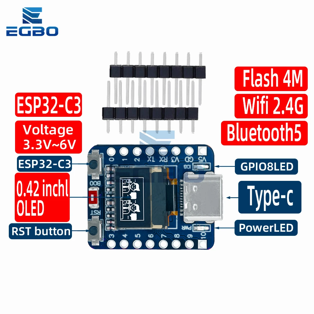รูปสินค้า 1 ~ 4PCS MINI ESP32-C3 บอร์ดพัฒนา 2.4G Wifi 4 BT โมดูล 0.42 นิ้วจอแสดงผล OLED 4MB แฟลชเสาอากาศเซรามิค USB Type-C