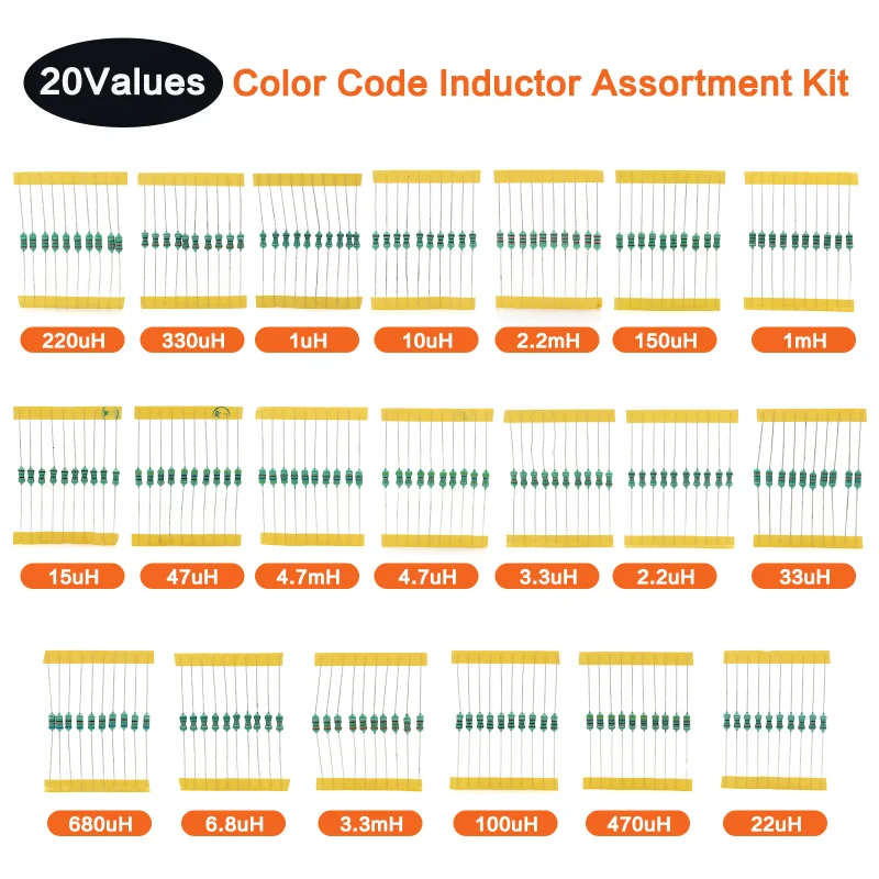 200PCS 1/2W Inductor Assortment Set 0.5W Color Ring Inductance 1UH-4.7MH 20values*10pcs Inductors Assorted Kit inductor assortment kit