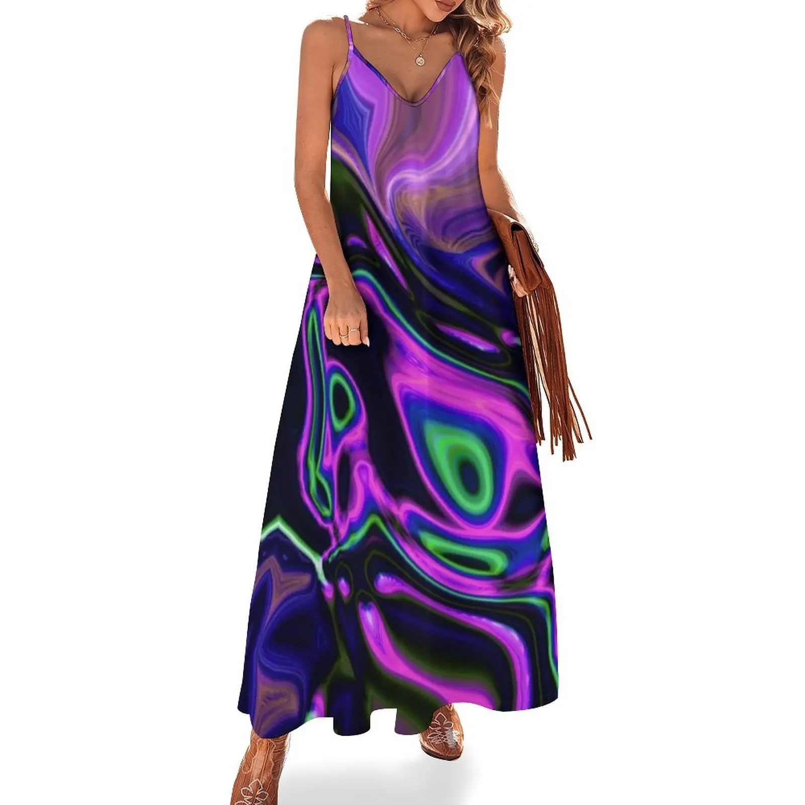 

modern girly abstract laser rays neon green purple swirls Sleeveless Dress clothes for woman summer dress