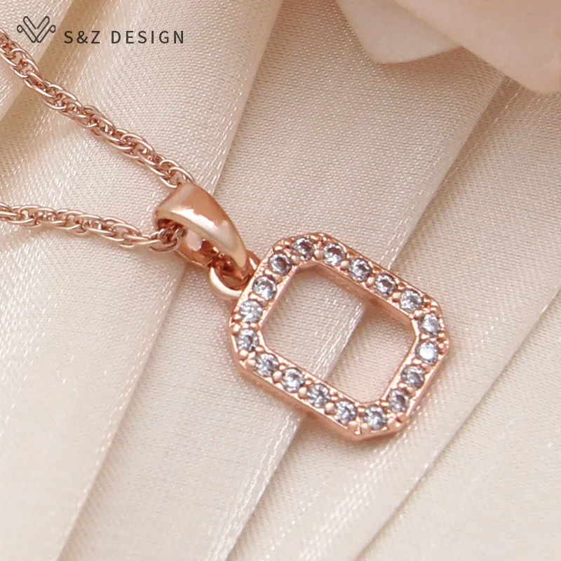 S&Z DESIGN New Fashion Cubic Zirconia Rectangle Dangle Earrings Jewelry Sets For Women 585 Rose Gold Color Pendant Necklace