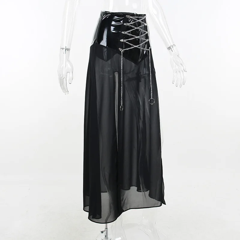 Grunge Punk Black Chain Lace Up Skirt Y2K Goth Harajuku Sexy Faux Fur Patchwork Split Long Skirts Summer Fashion Skirt long skirts