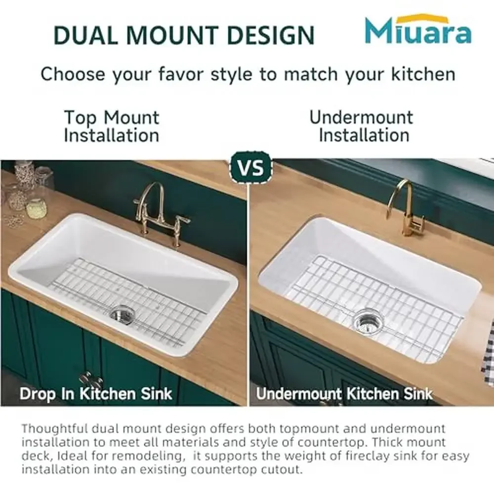 Large White Fireclay Kitchen Sink 32 Inch Drop In Single Bowl Topmount Dual Mount 32"x19"x10" Kit Includes Stainless Steel Grid 3