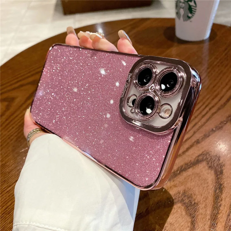 thumbnail image 1 of Luxury Black Glitter Plating Phone Case For IPhone 15 11 12 13 14 Pro Max XR X XS 7 8 Plus Lens Protection Soft Silicone Cover, 1 of 5