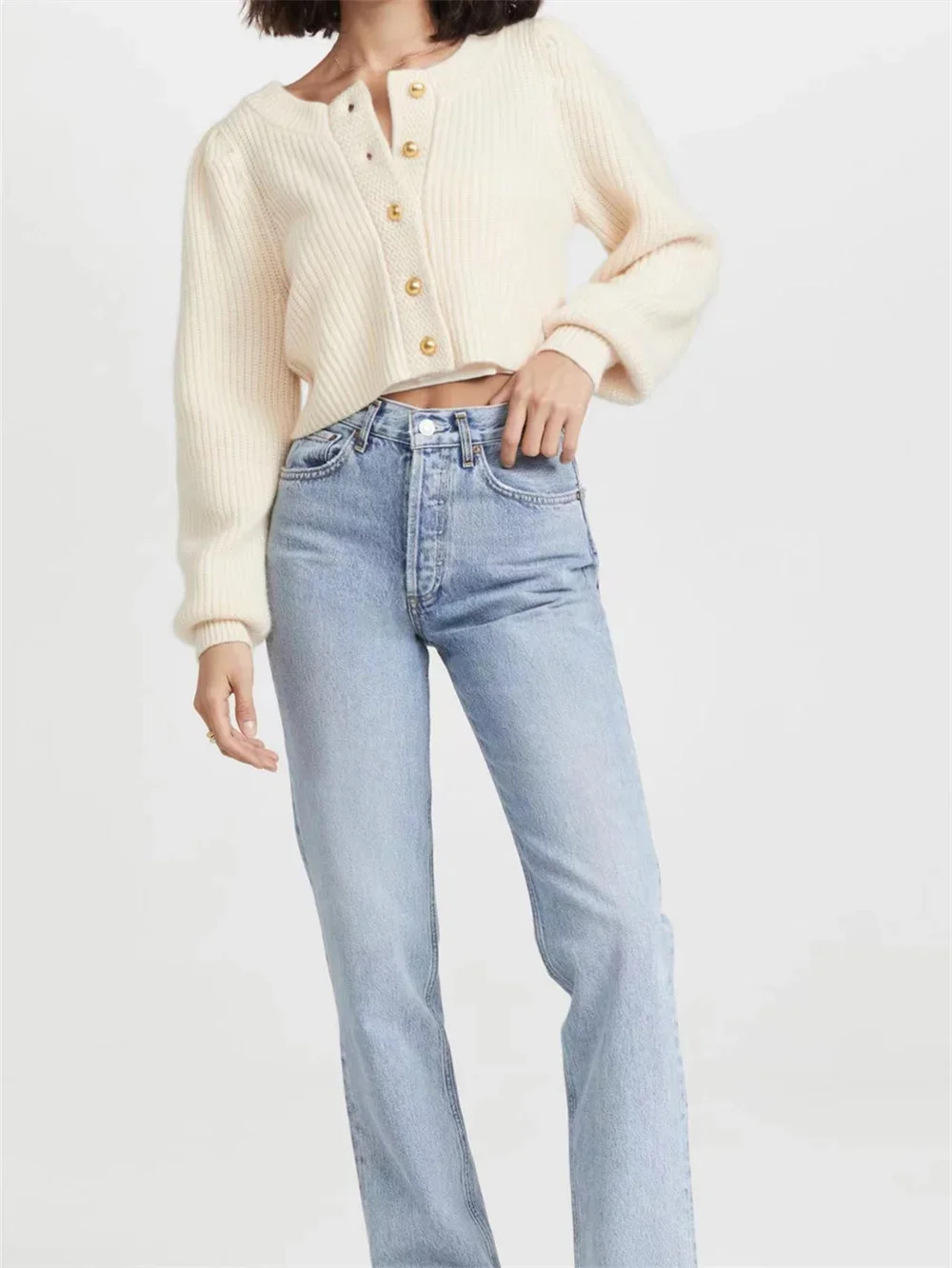 

Прямые синие джинсовые брюки с высокой талией, винтажные прямые джинсы Ланы со средней посадкой, новинка 2024, женские универсальные джинсы на молнии с карманами