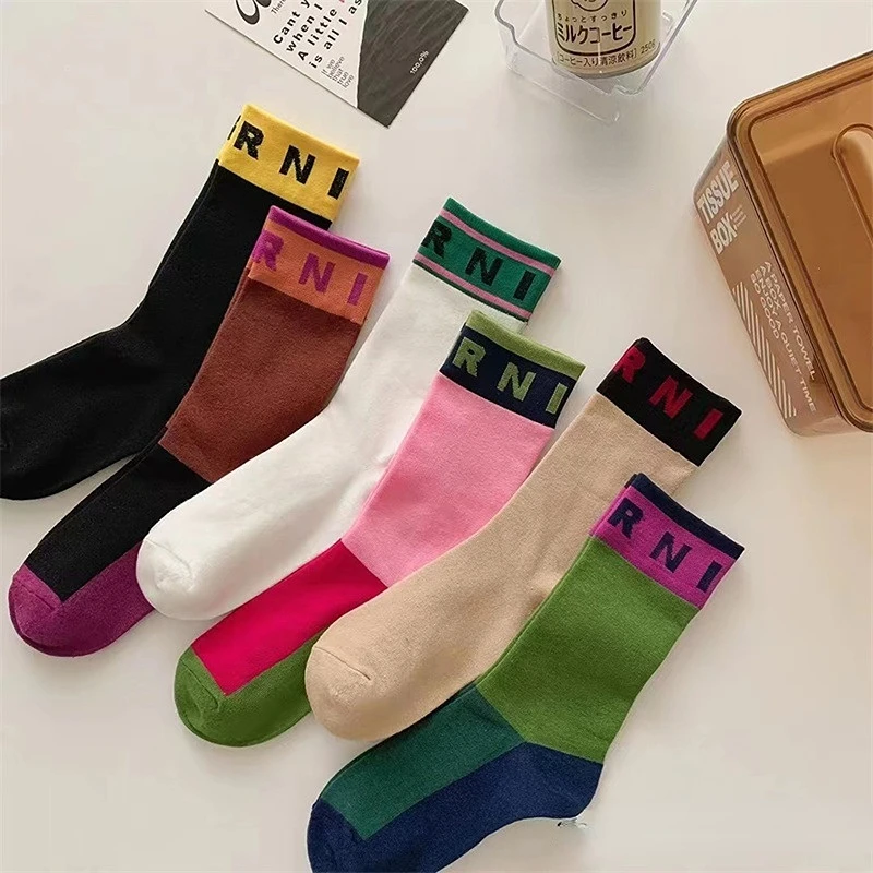 Womens socks Spring and Summer Fashion Socks Children's Personality Simple Rib Letter Lovely Colored Women's Cotton Medium Socks