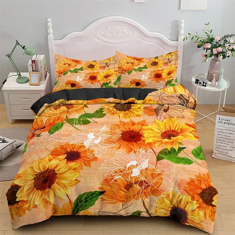 Sunflower Duvet Cover Yellow Flower Bedding Set Single King Microfiber Farmhouse Green Leaves Floral Quilt Cover With Pillowcase