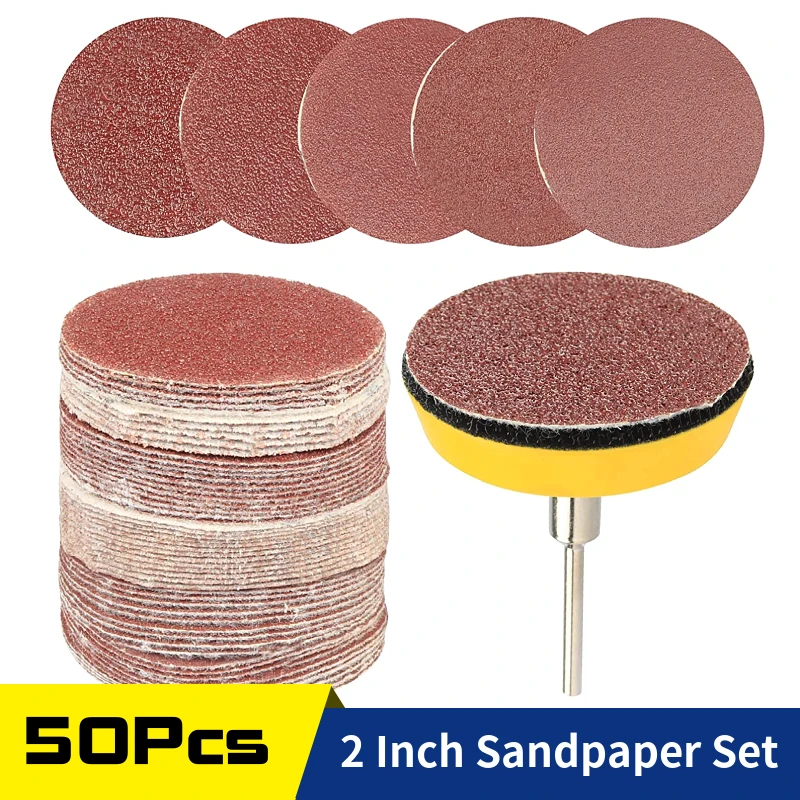 50Pcs 2 Inch Sanding Disc Sandpaper Kit with 1/8 Inch Shank Hook Loop