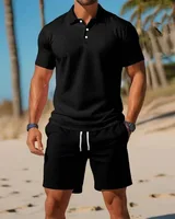 Polo boutonné à manches courtes et Short en maille respirante pour hommes, ensemble d'été décontracté et polyvalent à la mode, grande taille 3