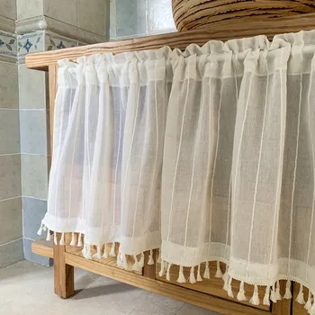 Boho Tenda velata mantovana in pizzo a righe Tenda corta con nappe Tasca per asta Trattamento per finestre semitrasparente per la cucina del caffè 1