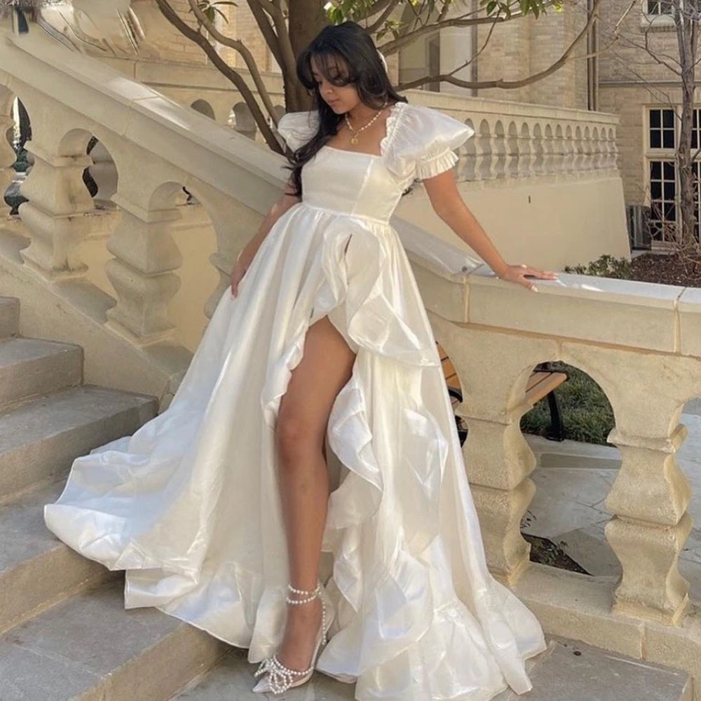 

Simple Ivory A Line Taffeta Prom Dresses Short Sleeves Evening Gowns High Slit Women Party Gowns For Special Occasion