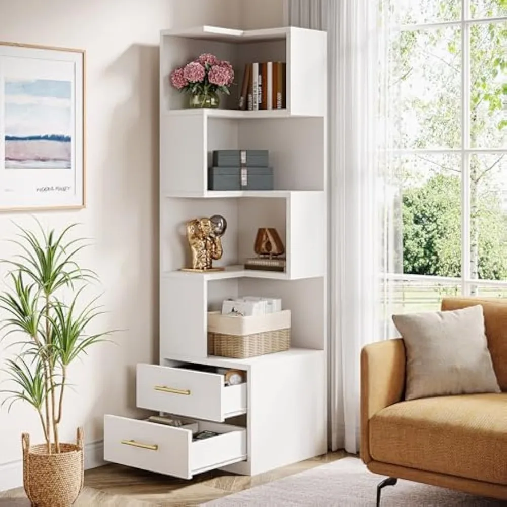 5-Tier Corner Bookshelf with 2 Drawers, 66.9-Inch Tall Corner Bookcase Shelf, Modern Simple Corner Storage Cabinet 3