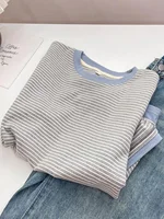 2025 New Women's Loose Fit Casual Stripe ort Sve T-irt Korean Sle Commute Faion Chic Cotton Polyester Blend - Image 4