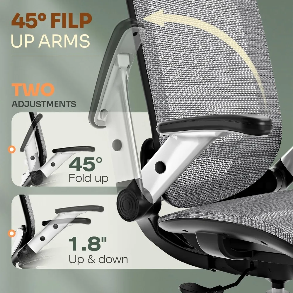 Ergonomic Mesh Office Chair with Headrest, Flip-Up Arms, 90-120° Tilt Lock, Wide Cushion for Big & Tall Users - Grey