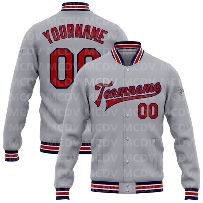Custom Gray Red-Black Bomber Full-Snap Varsity Letterman Jacket Baseball Button Jacket