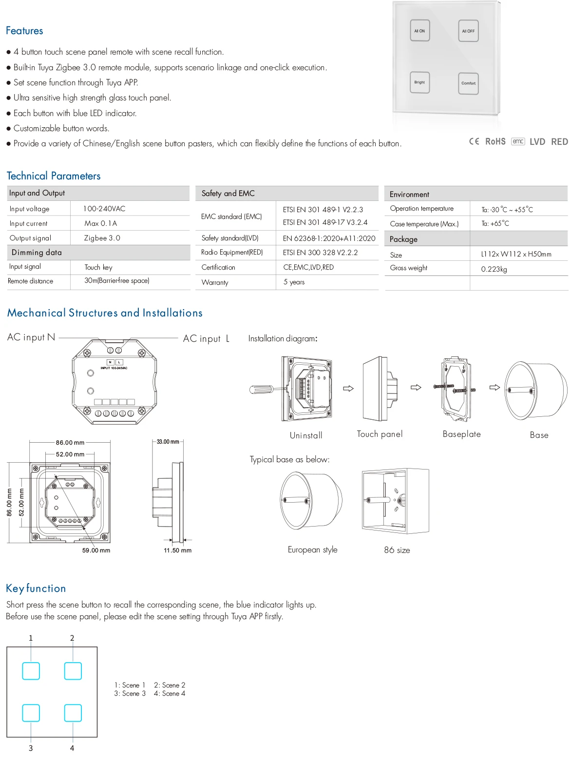 Description Picture 4 of item4 Button Zigbee3.0 Wall Mounted LED Touch Panel Remote TS4(WZS) 100-240VAC Scene Recall Function Through Tuya APP For LED Lights