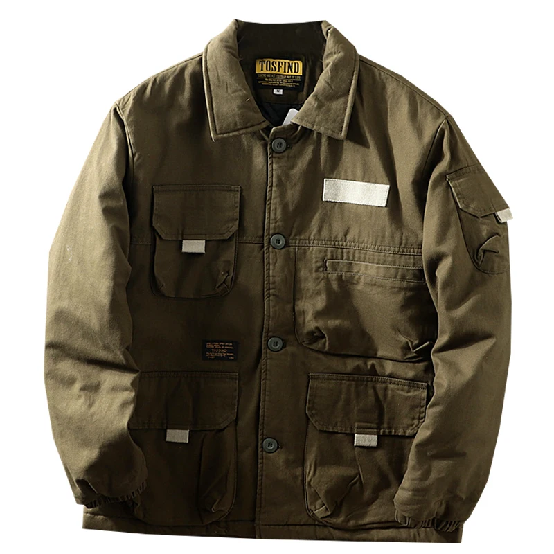 Amekaji-Thickened Multi Pocket Work Clothes Men Loose Clip Cotton Lapel Jacket Outdoor Camp Tooling Hiking Coat All Cotton Outer