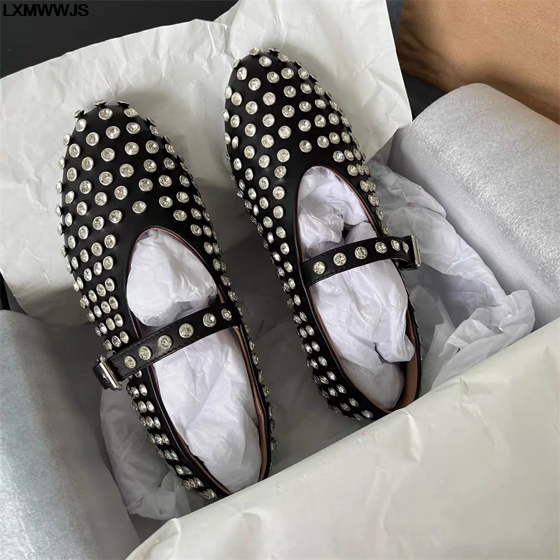 2024 Stylish Studded Crystal Women's Mary Jane Ballet Shoes Laofers Casual Soft Leather Comfortable Flats Luxury Women's Shoes