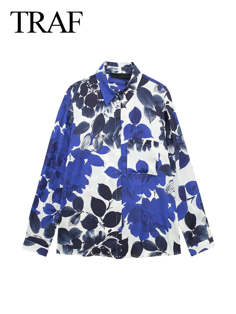 

Женская однобортная рубашка с принтом, отложным воротником и длинными рукавами