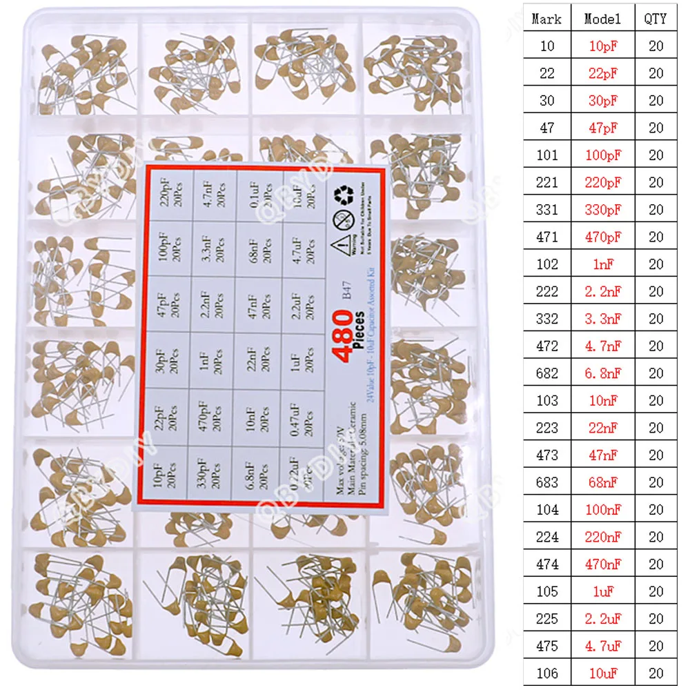 480pcs Monolithic Ceramic Capacitor assortment Kit 10pF-10uF Monolithic Capacitor set 0.1uF 0.22uF 0.47uF 2.2uF 4.7uF Capacitor