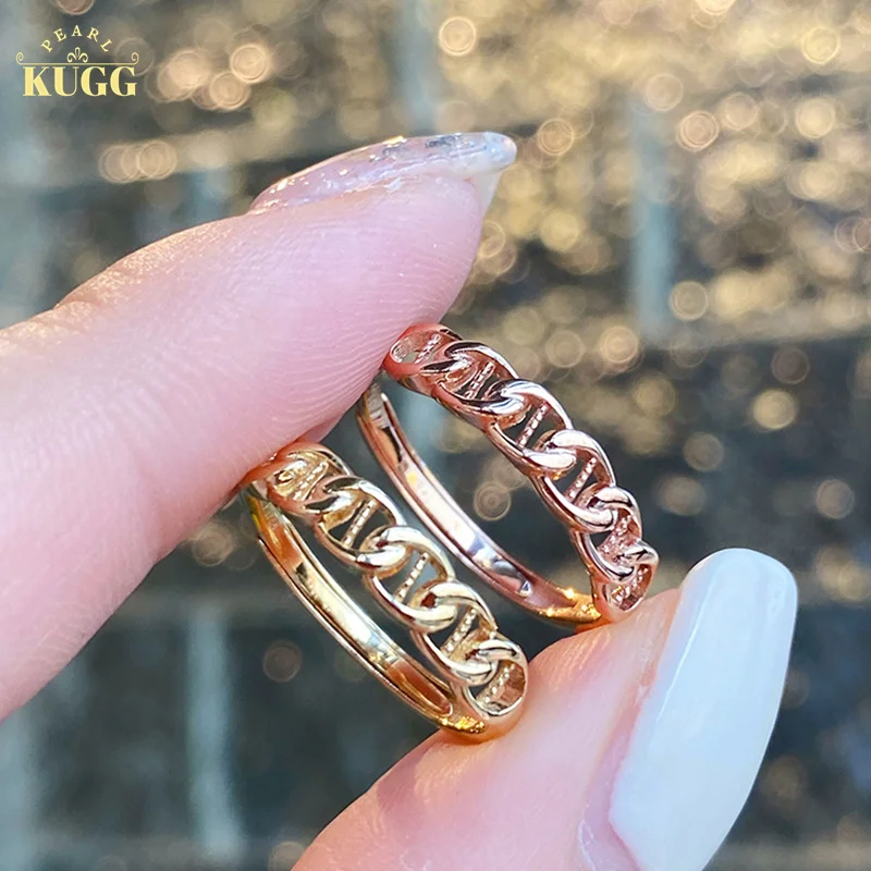 

KUGG 18K Yellow or Rose Gold Rings Fashion Pig Nose Chain Design Opening Wedding Band for Women lNS Style High Jewelry