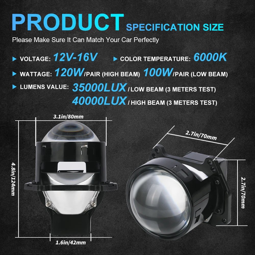 NLpear 2PCS 3 Inch Bi LED Projector Headlights Lenses for Hella LED Lights Projector 120W 40000LM Diode Headlamp Car Accessories 2