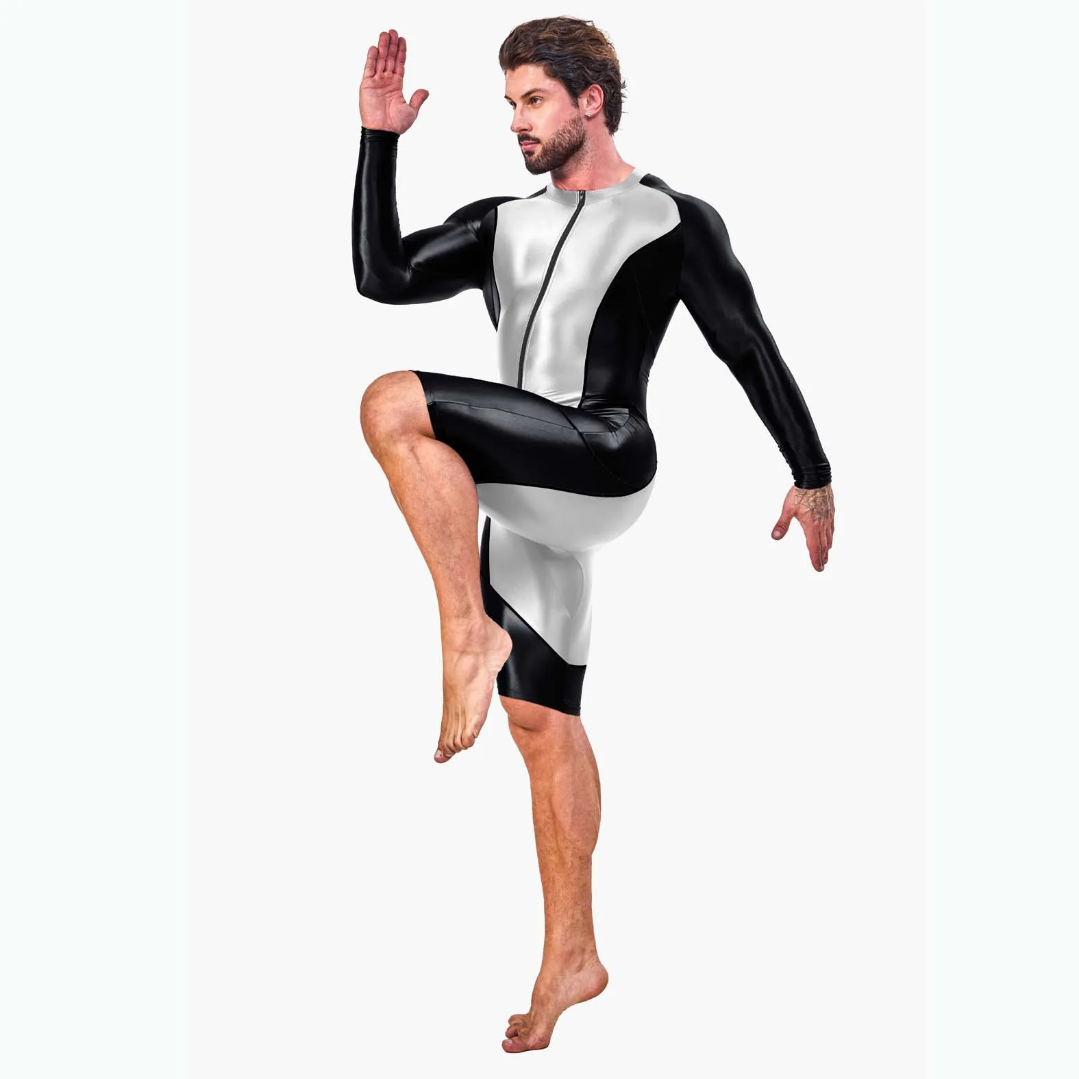 AMORESY Atticus 시리즈 앞지퍼 긴팔 스판덱스 스포츠 타이트 컬러 블록 5 부 바지 점프수트 피트니스 수영복 