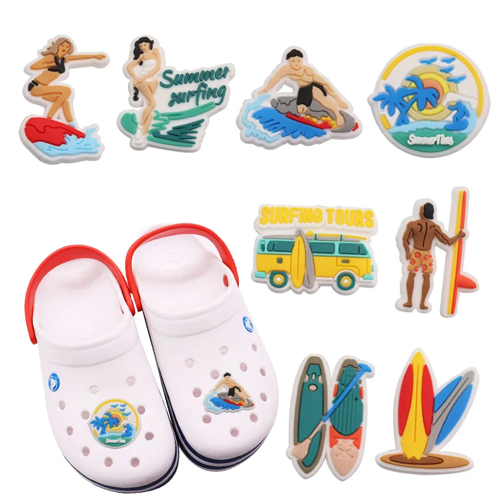 

Wholesale 50pcs PVC Shoe Charms Summer Beach Surfing Swimming Shoe Decorations Buckle Clog Fit Wristbands Kids Sandals Croc Jibz
