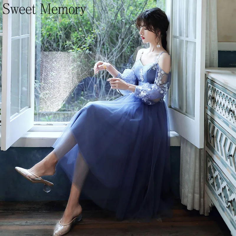 Bridesmaid Dresses A98118 Grey Blue Halter Girl Appliques Illusion Sleeves Lace Up Formal Wedding Party Prom Dresses