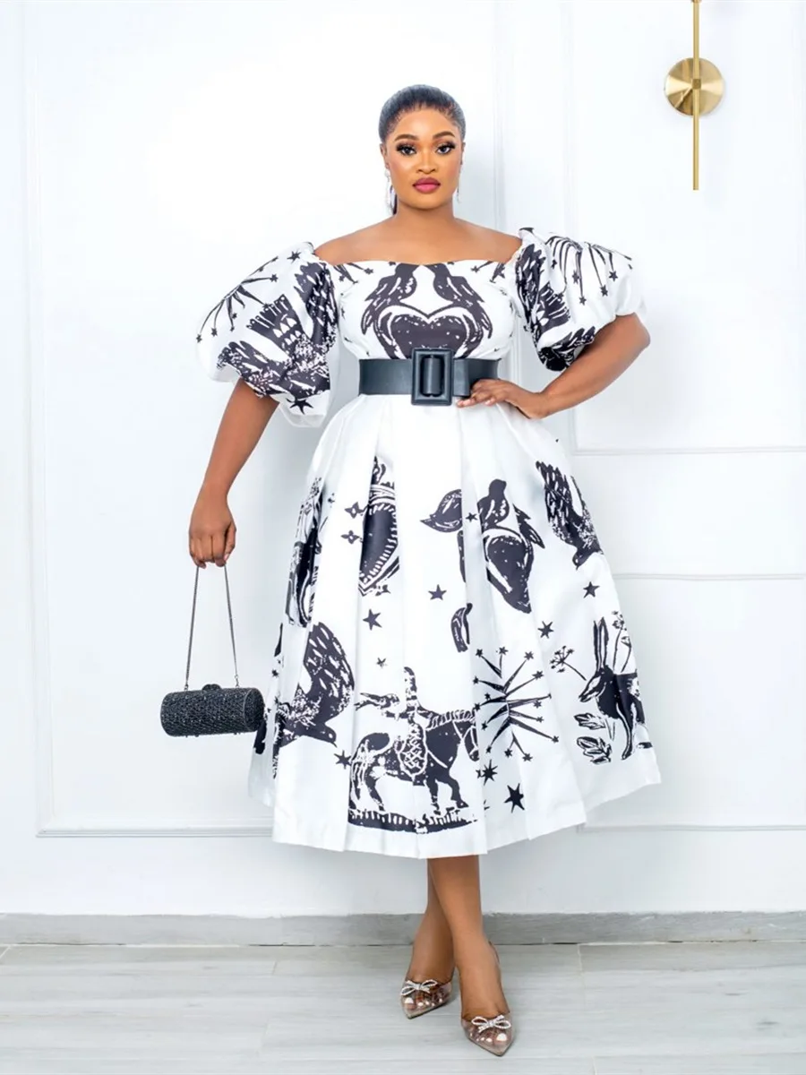 Studiet detaljer apotek Plus Size Women's Dresses Puff Sleeves Empire Waist African Women Dresses  Vintage Floral Printed Round Neck Party Dress - AliExpress